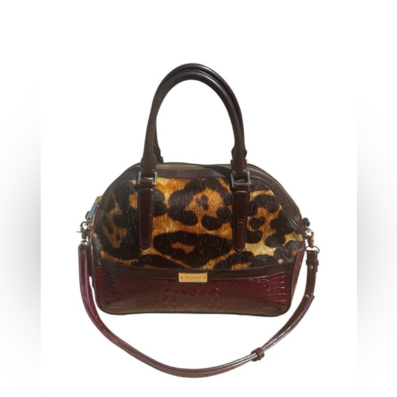 Brahmin Handbags - Brahmin Hudson Satchel Leopard Calf Hair Wine Granada Rare Read